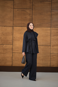 Omuz Büzgü Detaylı Fermuarlı Bel Bağlamalı Takım Lacivert