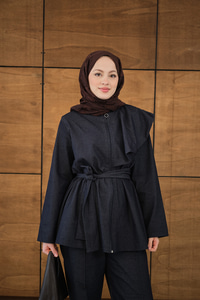 Omuz Büzgü Detaylı Fermuarlı Bel Bağlamalı Takım Lacivert