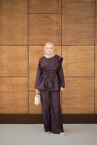 Omuz Büzgü Detaylı Fermuarlı Bel Bağlamalı Takım Mor