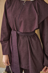 Omuz Büzgü Detaylı Fermuarlı Bel Bağlamalı Takım Bordo