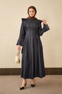 Omuz Büzgülü Dikiş Detay Bel Bağlamalı Kot Elbise Lacivert
