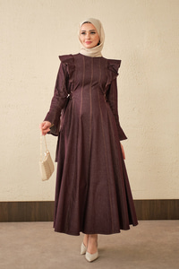 Omuz Büzgülü Dikiş Detay Bel Bağlamalı Kot Elbise Mürdüm