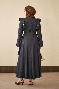 Omuz Büzgülü Dikiş Detay Bel Bağlamalı Kot Elbise Lacivert