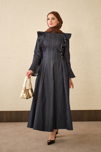 Omuz Büzgülü Dikiş Detay Bel Bağlamalı Kot Elbise Lacivert