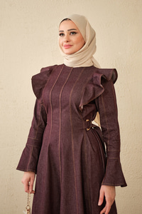 Omuz Büzgülü Dikiş Detay Bel Bağlamalı Kot Elbise Mürdüm