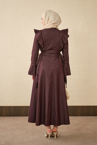 Omuz Büzgülü Dikiş Detay Bel Bağlamalı Kot Elbise Mürdüm