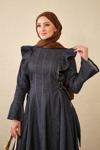 Omuz Büzgülü Dikiş Detay Bel Bağlamalı Kot Elbise Lacivert