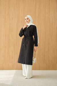 Omuz Düğme Detay Kruvaze Yaka Midi Boy Trenç Siyah