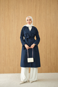 Omuz Düğme Detay Kruvaze Yaka Midi Boy Trenç Lacivert