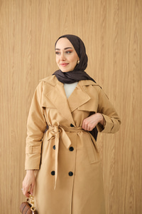 Omuz Düğme Detay Kruvaze Yaka Midi Boy Trenç Bisküvi