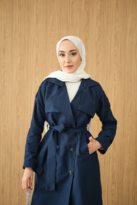 Omuz Düğme Detay Kruvaze Yaka Midi Boy Trenç Lacivert