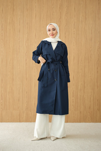 Omuz Düğme Detay Kruvaze Yaka Midi Boy Trenç Lacivert