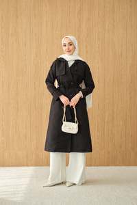 Omuz Düğme Detay Kruvaze Yaka Midi Boy Trenç Siyah