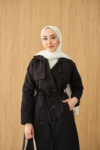 Omuz Düğme Detay Kruvaze Yaka Midi Boy Trenç Siyah