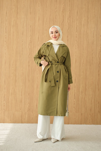 Omuz Düğme Detay Kruvaze Yaka Midi Boy Trenç Haki Yeşil