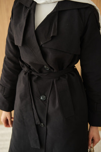 Omuz Düğme Detay Kruvaze Yaka Midi Boy Trenç Siyah