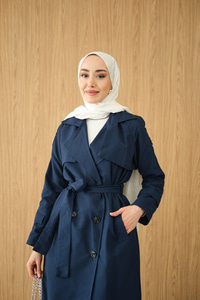 Omuz Düğme Detay Kruvaze Yaka Midi Boy Trenç Lacivert