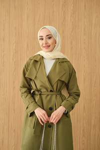 Omuz Düğme Detay Kruvaze Yaka Midi Boy Trenç Haki Yeşil