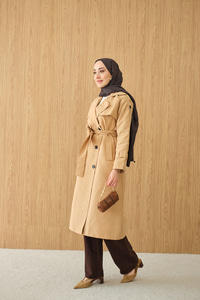 Omuz Düğme Detay Kruvaze Yaka Midi Boy Trenç Bisküvi