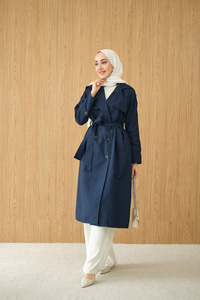 Omuz Düğme Detay Kruvaze Yaka Midi Boy Trenç Lacivert