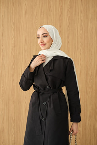 Omuz Düğme Detay Kruvaze Yaka Midi Boy Trenç Siyah