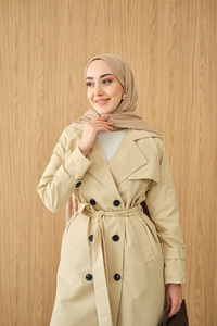 Omuz Düğme Detay Kruvaze Yaka Midi Boy Trenç Krem