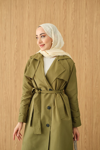 Omuz Düğme Detay Kruvaze Yaka Midi Boy Trenç Haki Yeşil