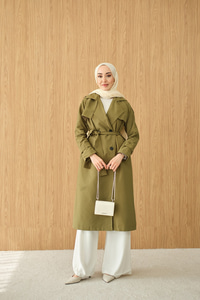 Omuz Düğme Detay Kruvaze Yaka Midi Boy Trenç Haki Yeşil