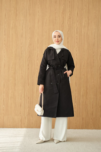 Omuz Düğme Detay Kruvaze Yaka Midi Boy Trenç Siyah