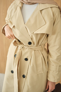 Omuz Düğme Detay Kruvaze Yaka Midi Boy Trenç Krem