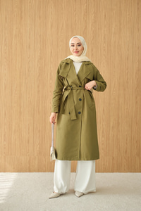 Omuz Düğme Detay Kruvaze Yaka Midi Boy Trenç Haki Yeşil