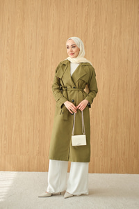 Omuz Düğme Detay Kruvaze Yaka Midi Boy Trenç Haki Yeşil