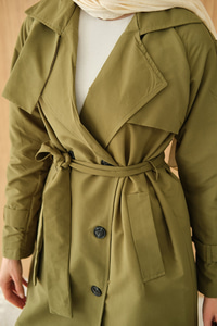 Omuz Düğme Detay Kruvaze Yaka Midi Boy Trenç Haki Yeşil