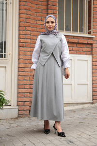 Omuz Düğme Detaylı Takım Açık Gri