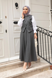 Omuz Düğme Detaylı Takım Gri