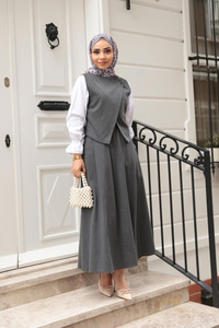 Omuz Düğme Detaylı Takım Gri