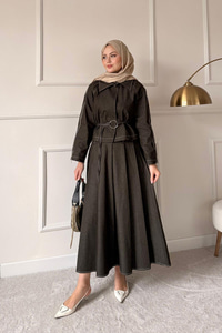 Omuz Fermuar Detay Bel Bağlamalı Etekli Kot Takım Haki Yeşil