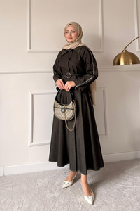 Omuz Fermuar Detay Bel Bağlamalı Etekli Kot Takım Haki Yeşil