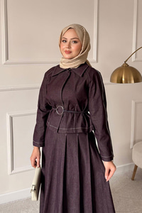 Omuz Fermuar Detay Bel Bağlamalı Etekli Kot Takım Mürdüm