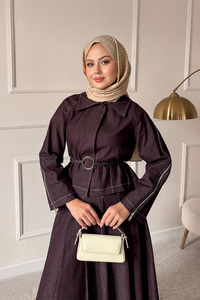 Omuz Fermuar Detay Bel Bağlamalı Etekli Kot Takım Mürdüm