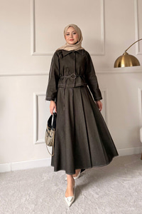 Omuz Fermuar Detay Bel Bağlamalı Etekli Kot Takım Haki Yeşil