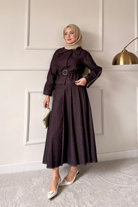 Omuz Fermuar Detay Bel Bağlamalı Etekli Kot Takım Mürdüm