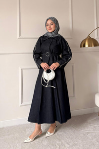 Omuz Fermuar Detay Bel Bağlamalı Etekli Kot Takım Lacivert