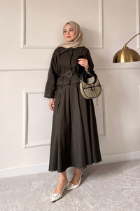 Omuz Fermuar Detay Bel Bağlamalı Etekli Kot Takım Haki Yeşil