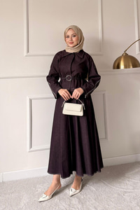 Omuz Fermuar Detay Bel Bağlamalı Etekli Kot Takım Mürdüm