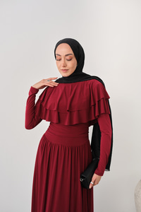 Omuz Fırfır Detay Elbise Bordo