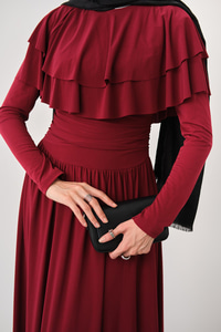 Omuz Fırfır Detay Elbise Bordo