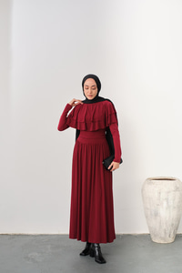 Omuz Fırfır Detay Elbise Bordo