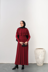 Omuz Fırfır Detay Elbise Bordo