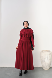 Omuz Fırfır Detay Elbise Bordo